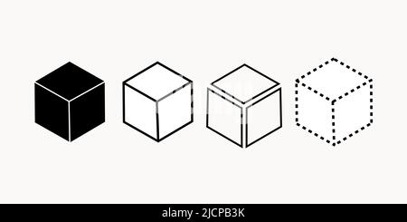 Eine Reihe von Würfelsymbolen mit einem perspektivischen 3D-Würfelmodell. Vektorgrafik. Stock Vektor