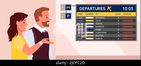 Besorgte und enttäuschte Passagiere warten, verspäteter Flug, Probleme mit dem Flugzeug, Waiting Lounge Room Terminal Vektordarstellung. Abgebrochen Stock Vektor