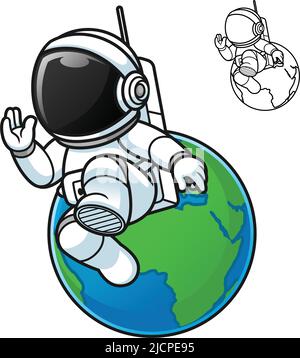 Niedlicher Astronaut zu Fuß schwimmend im Weltraum mit der Erde mit Schwarz-Weiß-Linienkunstzeichnung, Wissenschaft im Weltraum, Vektor-Charakterillustration. Stock Vektor