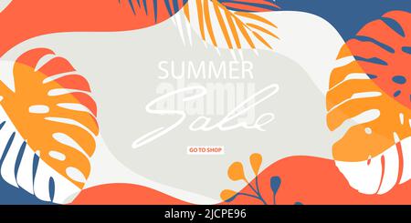 Horizontales Banner mit tropischen Blättern, Pflanzen und trendigen Blumenflecken. Leuchtende, saftige Farben. Ankündigung einer neuen Kollektion, Rabatte darauf Stock Vektor