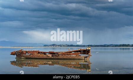Janie Seddon Schiffswrack mit einem Regensturm im Hintergrund, Motueka, Tasman Region, Aotearoa / Neuseeland Stockfoto
