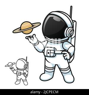 Niedlicher Astronaut mit Hand präsentiert Planet Saturn mit schwarzer und weißer Linienkunstzeichnung, Wissenschaft im Weltraum, Vektor-Charakterillustration. Stock Vektor