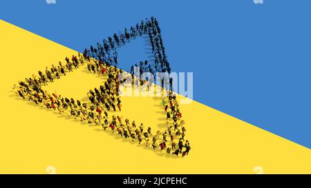 Konzept oder konzeptuelle Gemeinschaft von Menschen, die das Symbol für nukleare Gefahr auf der ukrainischen Flagge bilden. 3D Illustration Metapher für Warnung, Vorsicht Stockfoto