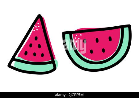 Wassermelonenscheibe isoliert auf weißem Hintergrund. Kritzeln Sie frische Kawaii-Früchte. Farbenfrohe, helle, sommerliche, saftige Speisen. Handgezeichnetes Sweet Treat-Bild. Niedliches Rot, p Stock Vektor
