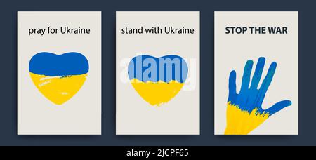 Satz von Vektor-Icons gegen den Krieg in der Ukraine. Herz in den Farben der Flagge der Ukraine, Kinderhand. Beendet den Krieg. Vektor Stock Vektor