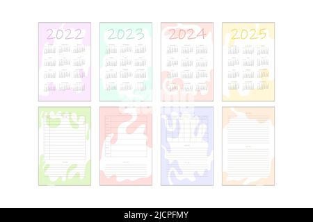 2022 2023 2024 2025 Kalender und tägliche wöchentliche monatliche Planer Liste mit zarten minimalistischen Design zu tun. Stock Vektor