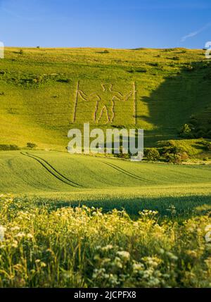 Der lange Mann von Wilmington auf den South Downs in East Sussex badete am Maiabend goldenes Licht Stockfoto