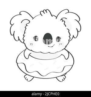 Niedliche Clipart Koala Bär Schwarz-Weiß-Illustration im Cartoon-Stil. Cartoon Clip Art Malseite Koala in einer Rettungsleine. Vektorgrafik eines Stock Vektor