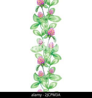 Florale nahtlose Grenze der saisonalen Wiesenpflanzen. Kleeblatt Wildblumen. Aquarell handbemaltes isoliertes Element auf weißem Hintergrund. Stock Vektor