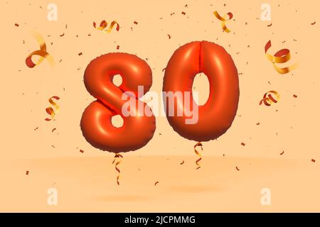 3D Nummer 80 Sale off Rabatt Promotion aus realistischer Konfetti Folie 3D Orange Helium Ballon Vektor. Illustration für den Verkauf von Plakaten, Bannerwerbung, Stock Vektor