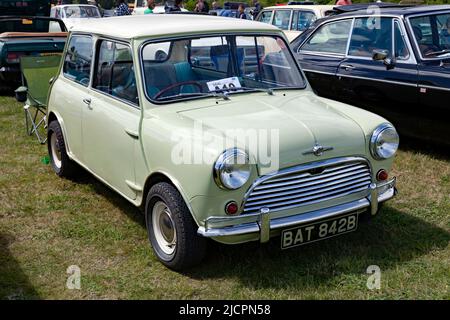 Dreiviertel Frontansicht eines Yellow, 1965, Austin Mini Mk1, auf der Deal Classic Car Show 2022 zu sehen Stockfoto