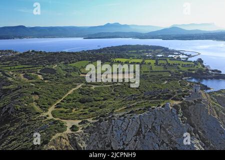 Frankreich, Var, Embiez Island, die größte Insel und seine Weinberge (rosé) als Hintergrund hat den Kontinent Bay Sanary-sur-mer (Luftaufnahme) Stockfoto