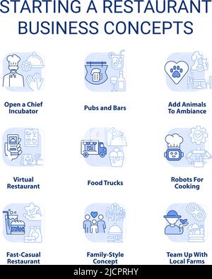 Start Restaurant Business hellblau Konzept Symbole gesetzt Stock Vektor