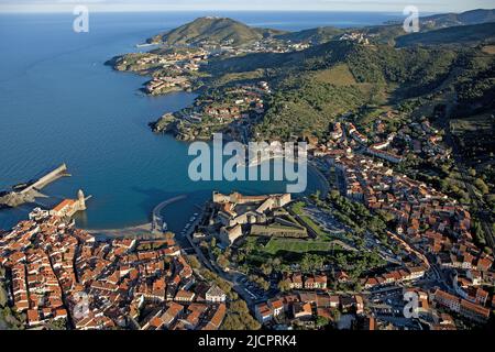 Frankreich, Pyrénées-Orientales (66) Collioure, der Hafen, die Burg, die Côte Vermeille, Cap Béar (Luftaufnahme) Stockfoto