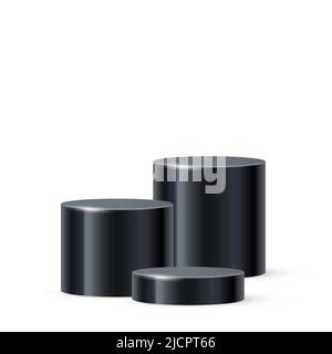 3d Podium Plattform Zylinder Vektor-Illustration. Realistische schwarze Podestbühnen für Produktpräsentation oder Siegerschritte, abstraktes Standmockup von c Stock Vektor