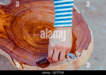 Der Zimmermann aus der Nähe gießt Leinöl auf einen Holztisch. Prozess der Herstellung von Holztisch Stockfoto