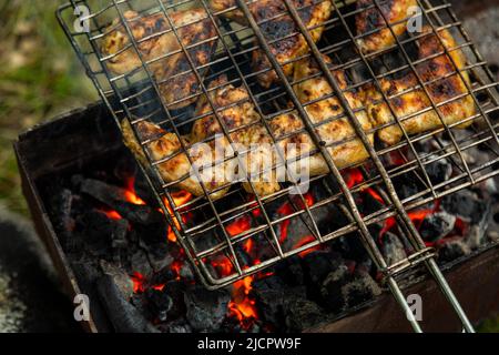 Hähnchenflügel in Metallrost grieren auf einem Brazier mit brennender Holzkohle. Grillparty im Freien Stockfoto