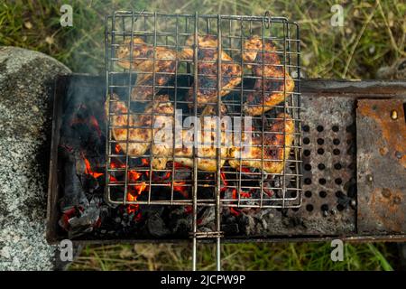 Von oben nach unten sehen Sie Hähnchenflügel in Metallrost, die auf einem Brazier mit brennender Kohle grieren. Grillparty im Freien Stockfoto