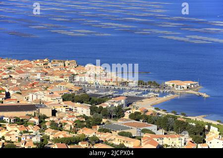Frankreich, Hérault, Mèze, die mediterrane Hafenstadt, gelegen am Ufer des Etang de Thau mit seinen Parks hat Muscheln, (Luftaufnahme)