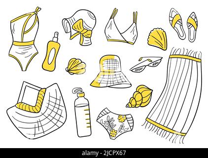 Set von Sommerartikeln im handgezeichneten Stil. Einfache, minimalistische Design-Ikonen. Badeanzug, panamahut, Sonnenbrille, Handtuch, Wasserflasche, Muschel, Flip-Flops, Sonnencreme, Strandkorbtasche, Bikini und BH. Stock Vektor