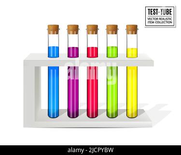 Farbige Flüssigkeiten in fünf Reagenzgläsern isoliert auf weißem Hintergrund. Realistischer Vektor, 3D Abbildung Stock Vektor