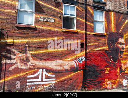 Steven Gerrard Wandbild, Liverpool FC Street Art, The Sandon, Anfield, Liverpool, England, VEREINIGTES KÖNIGREICH Stockfoto