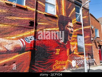 Steven Gerrard Wandbild, Liverpool FC Street Art, The Sandon, Anfield, Liverpool, England, VEREINIGTES KÖNIGREICH Stockfoto