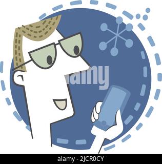 Junger Mann, der auf das Mobiltelefon schaut. Banner im Retro-Stil mit einem jungen Mann mit Brille und Blick auf sein Mobiltelefon. Stock Vektor