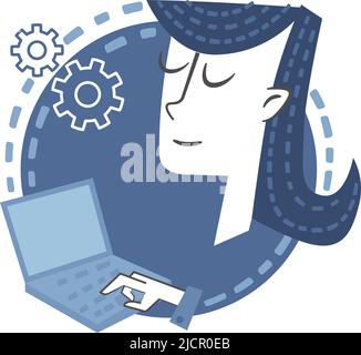 Junge Frau, die an ihrem Laptop arbeitet. Banner im Retro-Stil mit einer jungen Frau, die an ihrem Laptop arbeitet. Stock Vektor