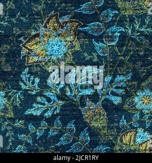 Blaue Jeans mit bunten Blumen-Print. Vector seamless Wallpaper. Stock Vektor