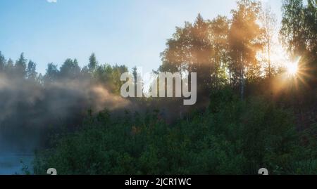 Morgen Sommersonne scheint durch den Wald und Nebel auf dem See Stockfoto