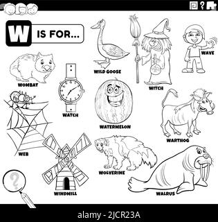 Schwarz-Weiß-Bildungs-Cartoon-Illustration für Kinder mit Comic-Figuren und Objekte für Buchstabe W Malbuch Seite gesetzt Stock Vektor