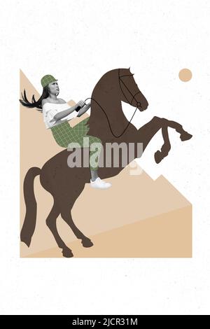 Kreative Retro 3D Zeitschrift Collage von ernst selbstbewusst Dame Reiten Pferd professionellen Sport isoliert Zeichnung Hintergrund Stockfoto