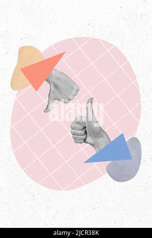 Collage Foto von schwarz weiß Farbeffekt Hände zeigen Daumen nach oben nach unten haben Argument kann sich nicht entscheiden isoliert auf weißem Bildhintergrund Stockfoto