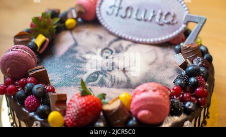 Ein Kuchen zum Kindergeburtstag mit Beeren, Früchten, Makronen, die ein süßes persisches Kätzchen darstellen Stockfoto