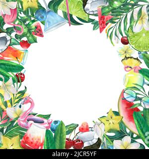 Quadratischer Rahmen mit tropischen Blättern, Strandcocktails, Früchten, Beeren und rosa Flamingos. Aquarelldarstellung. Für die Registrierung von Einladungen, Postauto Stockfoto