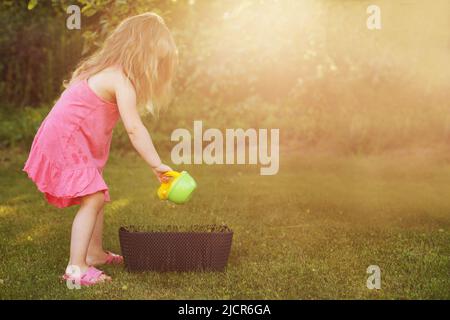 Nettes kleines Mädchen, das Blumen im Sommergarten wässert Stockfoto