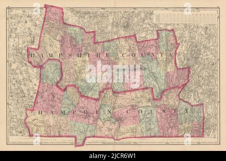 Hampshire County & Hampden County, Massachusetts. WALLING & GREY 1871 alte Karte Stockfoto