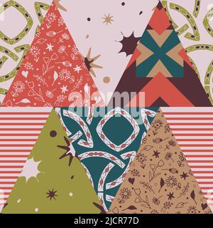 Nahtloses Vektormuster mit Dreieck-Patchwork auf rosa Hintergrund. Bunte geometrische Tapete Textur. Funky dekorative Mode Textil. Stock Vektor
