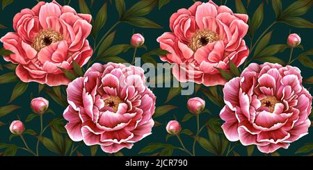 Nahtloses Blumenmuster. Botanische Tapete mit realistischen Pfingstrosen, dunkler Hintergrund. Vintage handgezeichnete Blumen, Knospen, Blätter für Tapeten, Stoffe Stockfoto