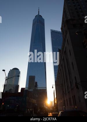 World Trade Center bei Sonnenuntergang. Stockfoto