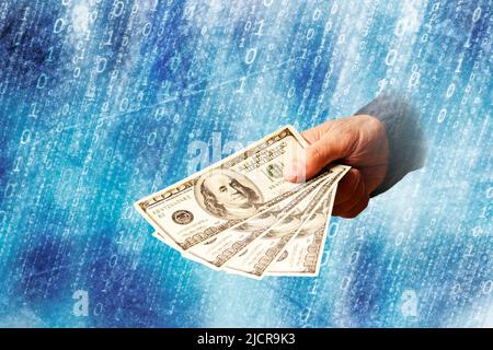 Hand hält Dollar und binären Hintergrund, Online-Zahlung Konzept Stockfoto