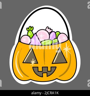 Vektor Niedlichen Kürbis mit einem Lächeln und Süßigkeiten im Inneren. Halloween-Aufkleber. Stock Vektor