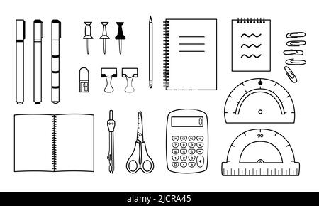 Schulbedarf. Minimalistisches Bürozubehör Linie Kunst. Handgezeichnete Vektor stationäre Werkzeuge für die Hochschulbildung Stock Vektor