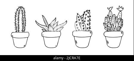 Kaktus in Pot-Vektor-Skizzensymbolen gesetzt. Niedliche schwarze Sukkulenten Illustration. Mexikanische Haus Kakteen in Blumentopf Linie Kunst. Stock Vektor
