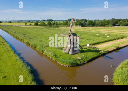 Windmühle Honigfleth. Die letzte Windmühle dieser Art in Schleswig-Holstein. Früher wurden Hunderte von ihnen für die Entwässerung landwirtschaftlicher Flächen genutzt. Deutschland Stockfoto