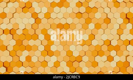 Orangefarbener sechseckiger Hintergrund. Geometrische abstrakte Tapete. 3D Abbildung. Stockfoto