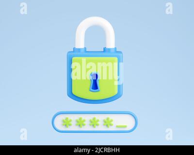 Persönliche Daten sichern 3D Render - geschlossenes Vorhängeschloss- und Passwortfeld mit unvollständiger Passcode-Eingabe. Stockfoto