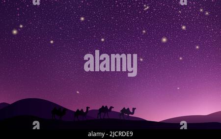 Wüstenlandschaft mit einer Karawane von Kamelen. Violett magenta Nacht Sternenhimmel über der Wüste. Vektorgrafik Stock Vektor