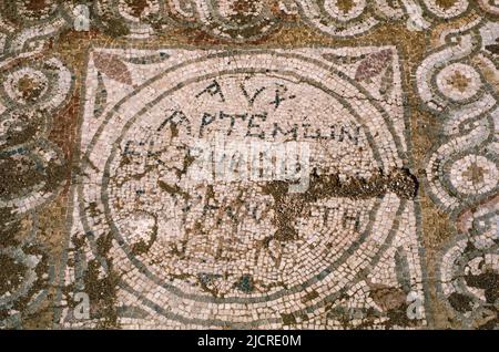 Das wiedergewonnene Mosaik in Perge (Perga) - Ruinen einer antiken Stadt in Antalya (einst die Hauptstadt von Pamphylia Secunda), 15 Kilometer östlich von Antalya, Türkei. Archivscan von einem Dia. Oktober 1985. Stockfoto